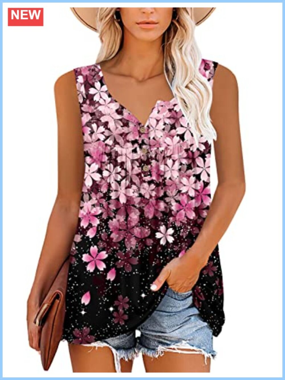Womens Floral Sleeveless Henley Tank Top Fit Flare Tunic Blouse